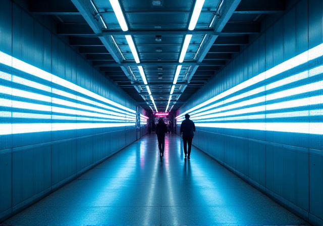 京都駅の長い地下通路の壁面と天井を流れる光のライン